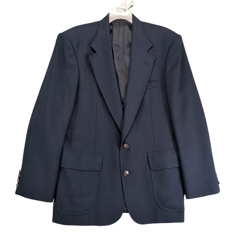 Andhurst‎ Navy Blazer Mens 39R Hopsack Textured Crest Button Sport Coat Jacket